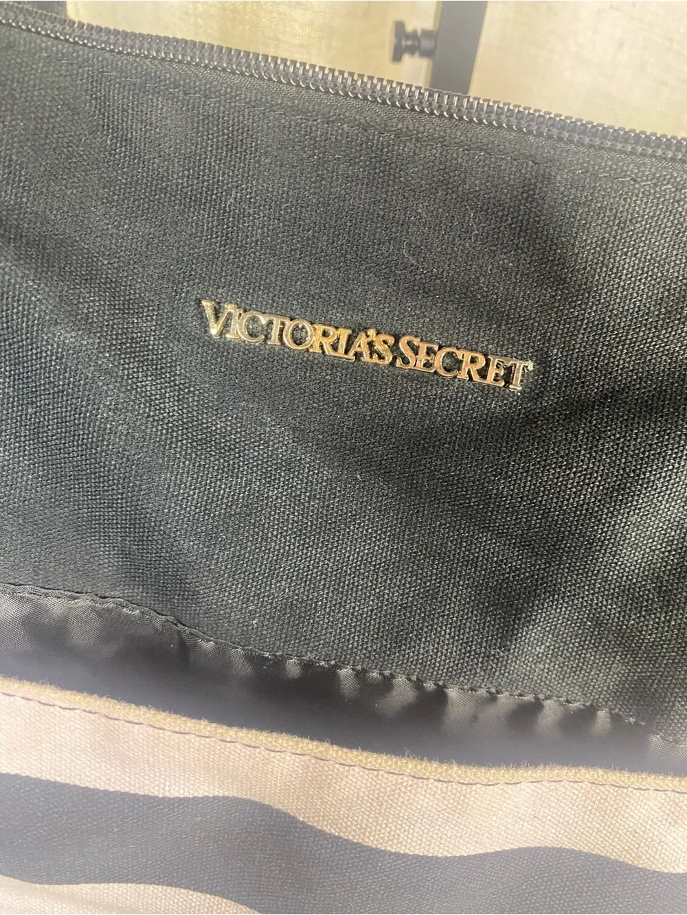 Victoria’s Secret Pink Black Striped Weekender Tote Bag Large Canvas Getaway